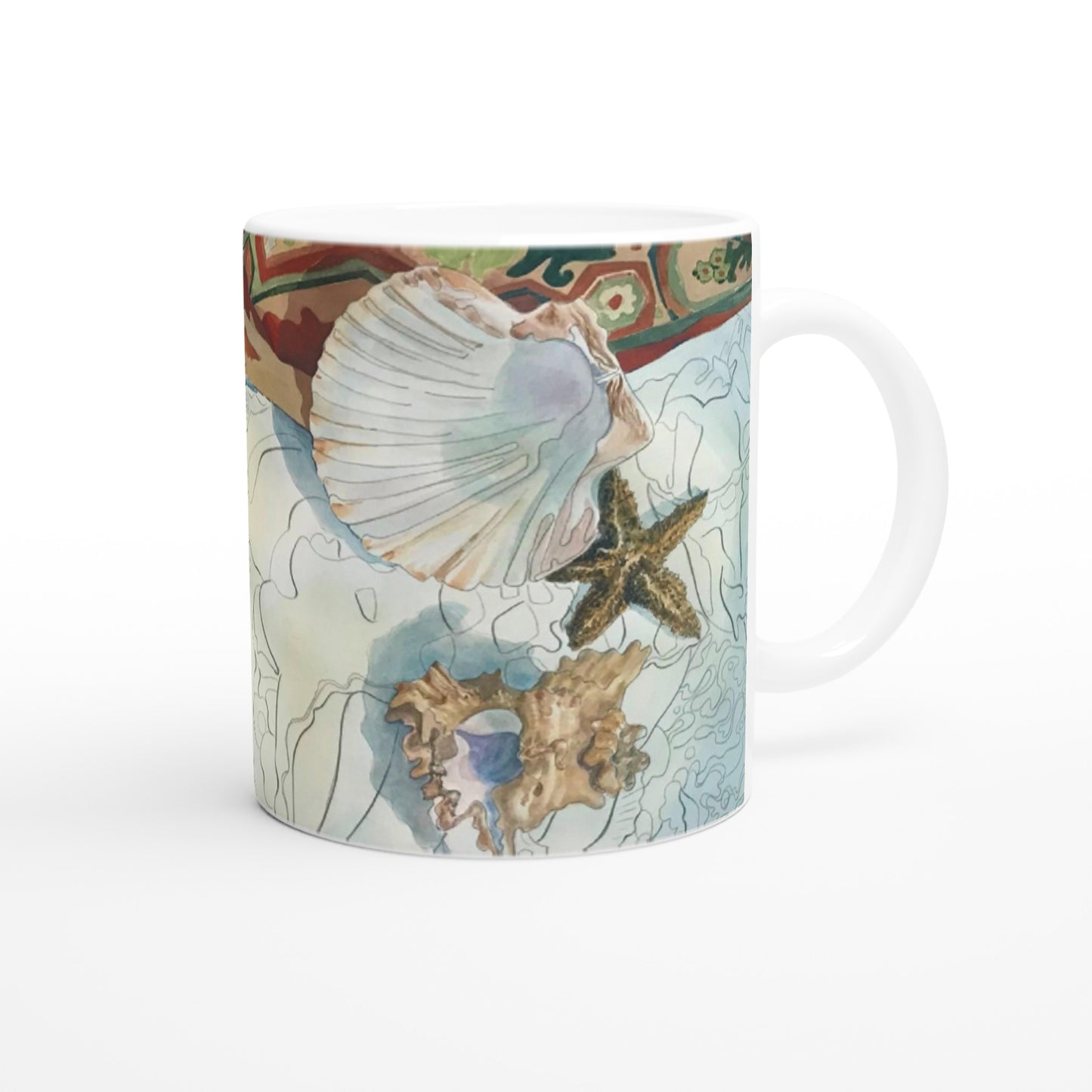 11oz White Ceramic Mug | Coffee Cup with 'Shells' Watercolor Artwork by American Artist Barbara Cleary