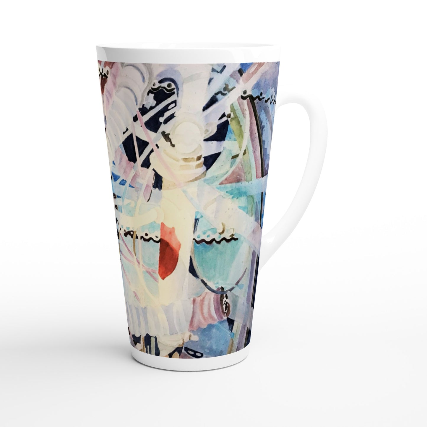 17oz White Ceramic Latte Mug | Coffee Cup with 'Kaleidoscope' Abstract Artwork by American Artist Barbara Cleary