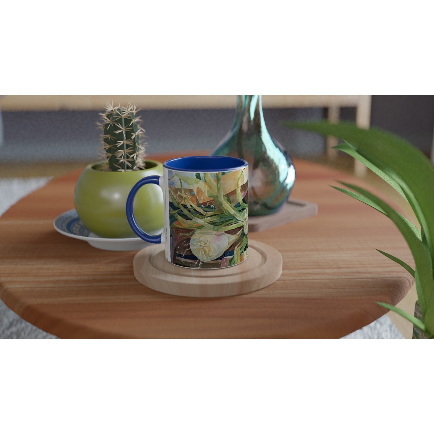 11oz White Ceramic Mug with Color Inside | Coffee Cup with 'Onions' Watercolor Artwork by American Artist Barbara Cleary