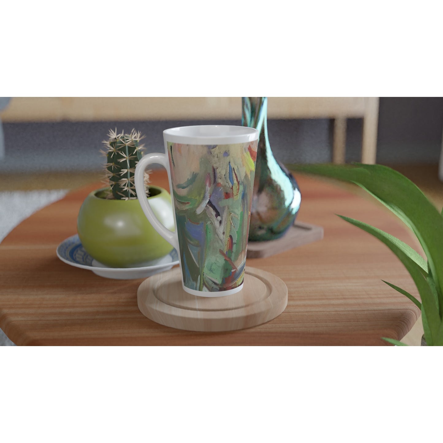 17oz White Ceramic Latte Mug | Coffee Cup with 'All Seasons' Abstract Artwork by American Artist Barbara Cleary