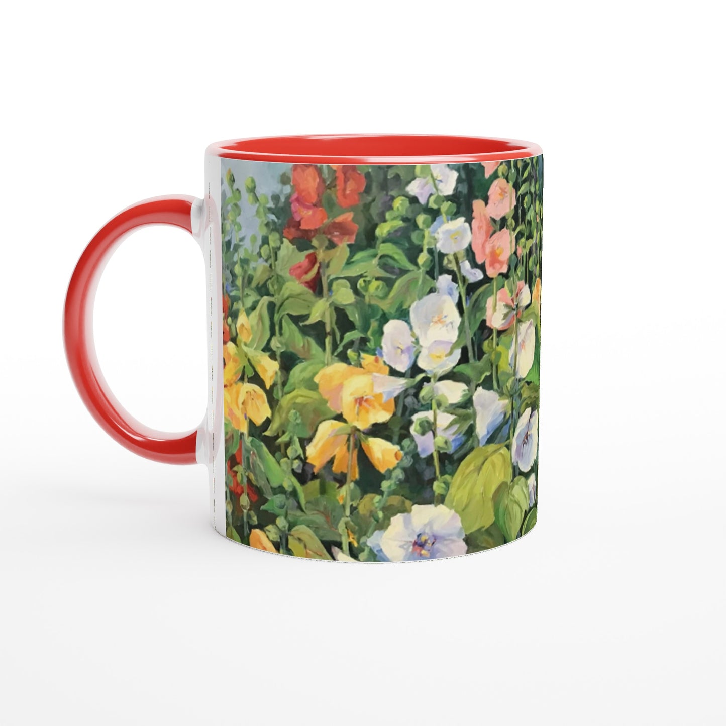 11oz White Ceramic Mug with Color Inside | Coffee Cup with 'Hollyhocks' Floral Artwork by American Artist Barbara Cleary