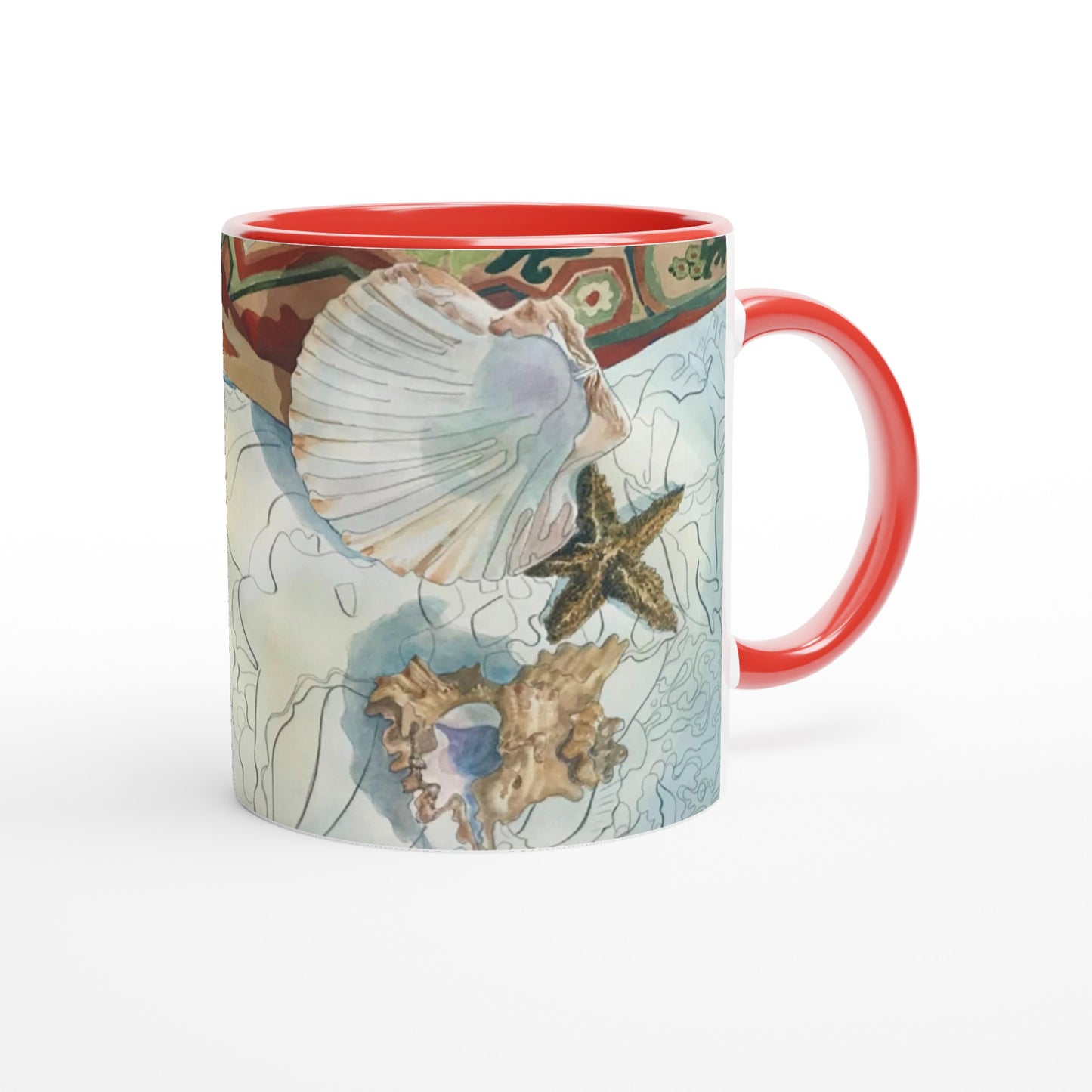 11oz White Ceramic Mug with Color Inside | Coffee Cup with 'Shells' Watercolor Artwork by American Artist Barbara Cleary