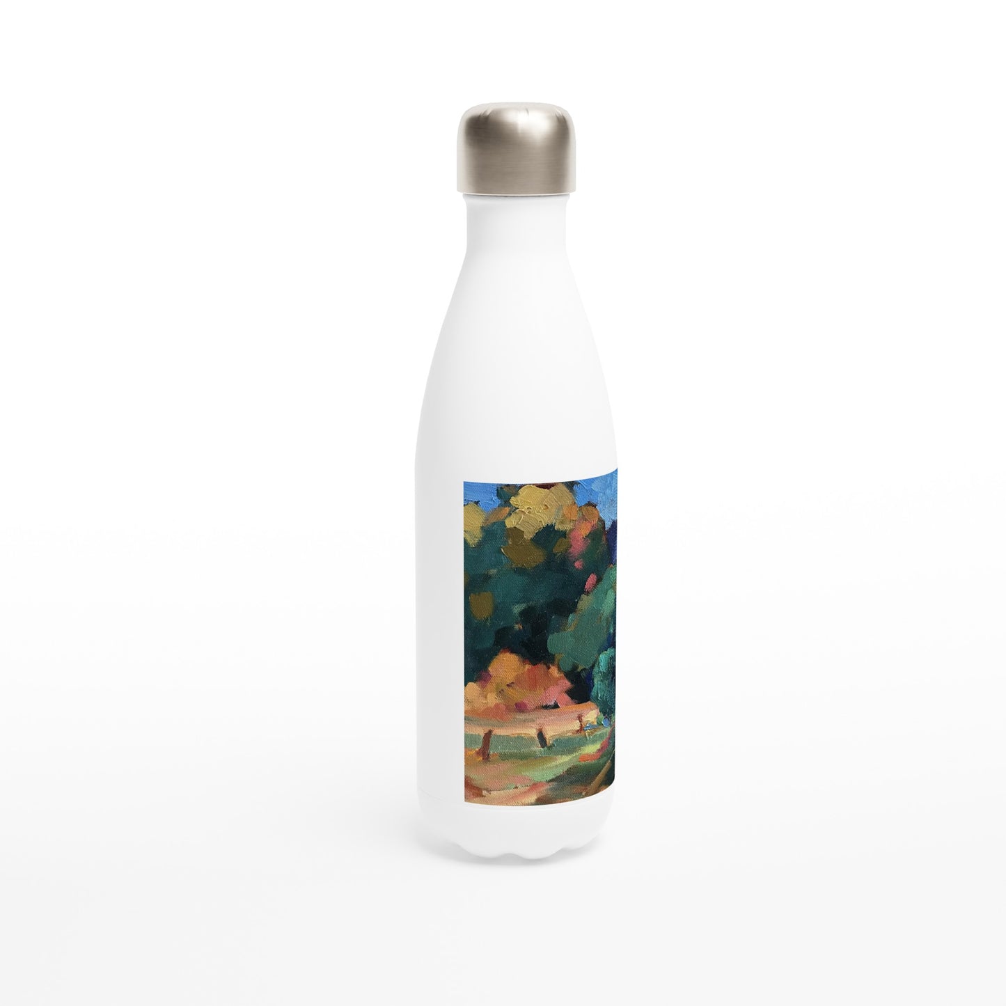 17oz White Stainless Steel Bottle with 'New Mexico Meadow' Landscape Artwork by American Artist Barbara Cleary