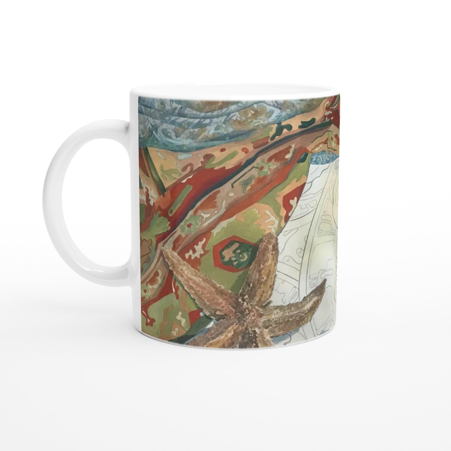 11oz White Ceramic Mug | Coffee Cup with 'Shells' Watercolor Artwork by American Artist Barbara Cleary