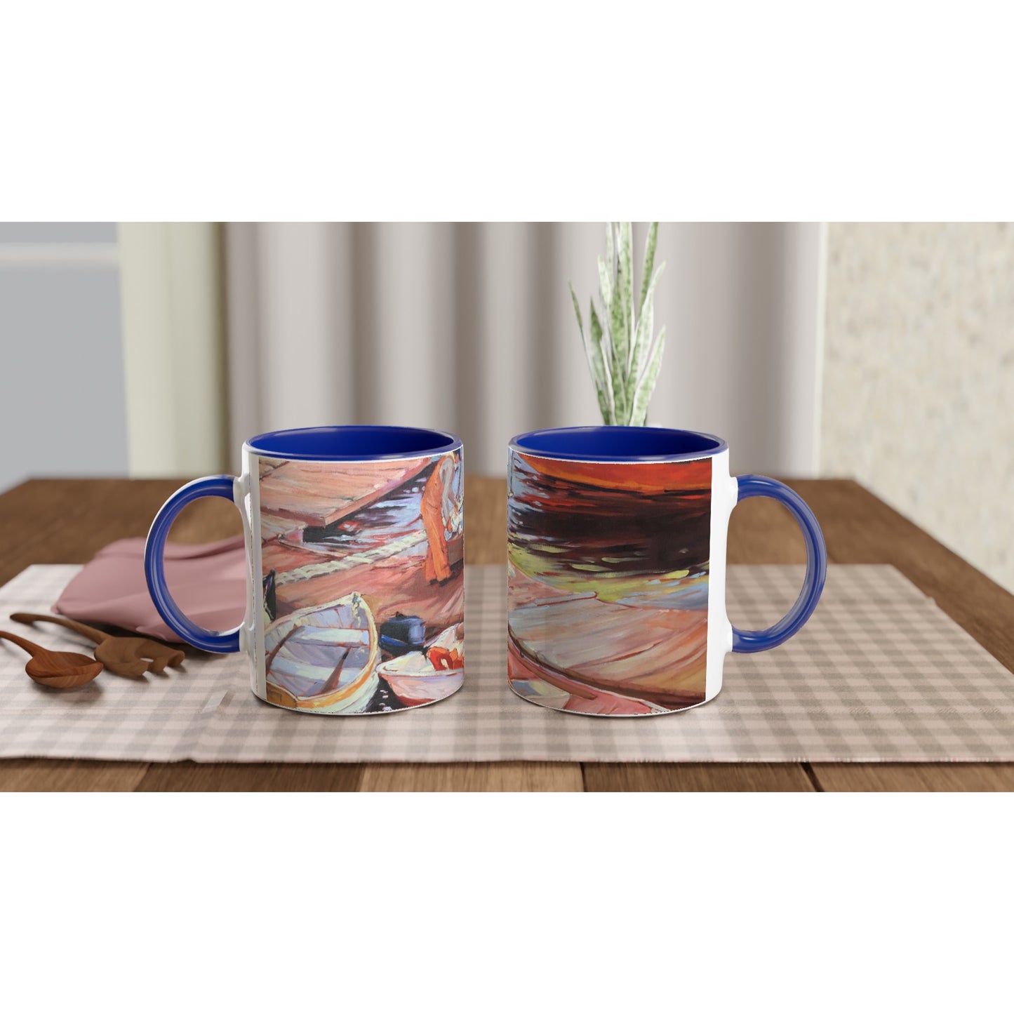 11oz White Ceramic Mug with Color Inside | Coffee Cup with 'Fishing Dock' Coastal Artwork by American Artist Barbara Cleary