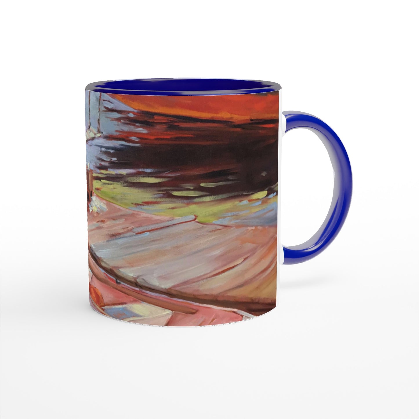 11oz White Ceramic Mug with Color Inside | Coffee Cup with 'Fishing Dock' Coastal Artwork by American Artist Barbara Cleary