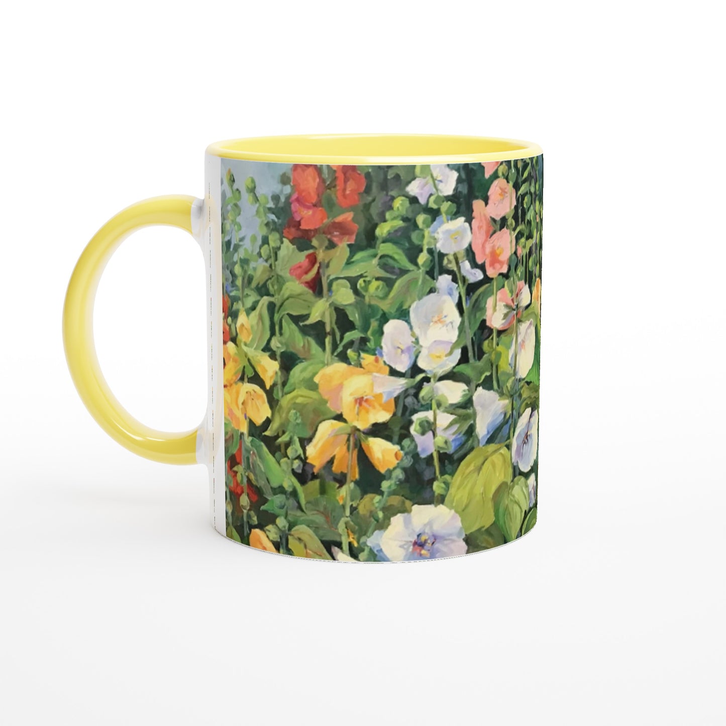 11oz White Ceramic Mug with Color Inside | Coffee Cup with 'Hollyhocks' Floral Artwork by American Artist Barbara Cleary