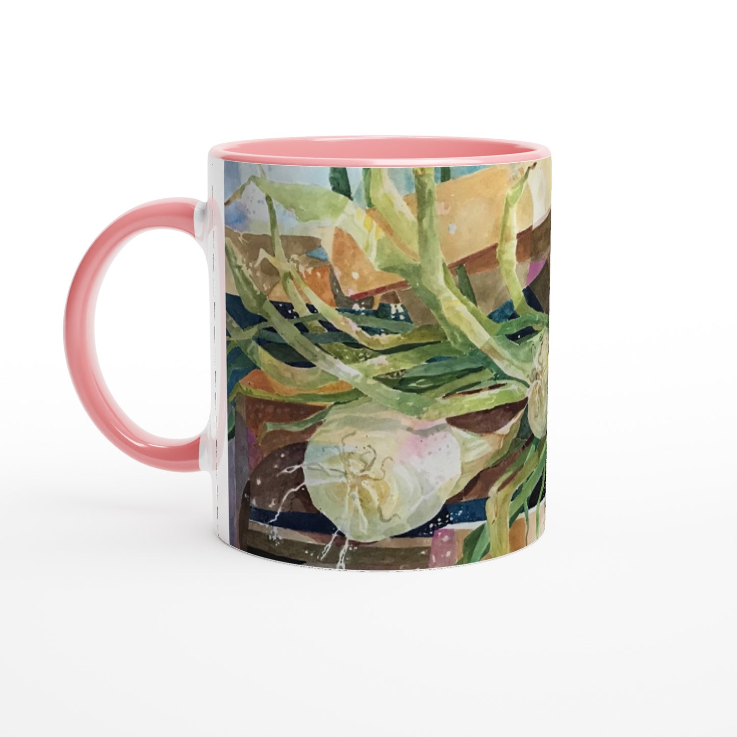 11oz White Ceramic Mug with Color Inside | Coffee Cup with 'Onions' Watercolor Artwork by American Artist Barbara Cleary