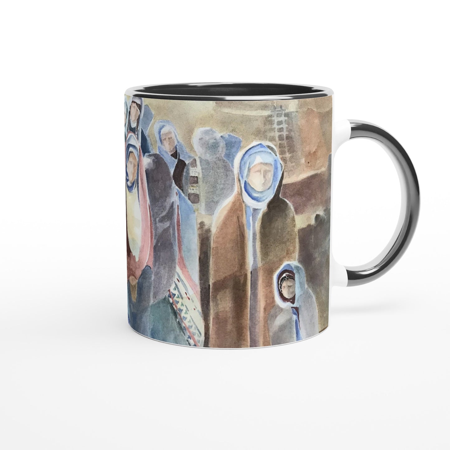 11oz White Ceramic Mug with Color Inside | Coffee Cup with 'Pueblo People' Southwestern Artwork by American Artist Barbara Cleary