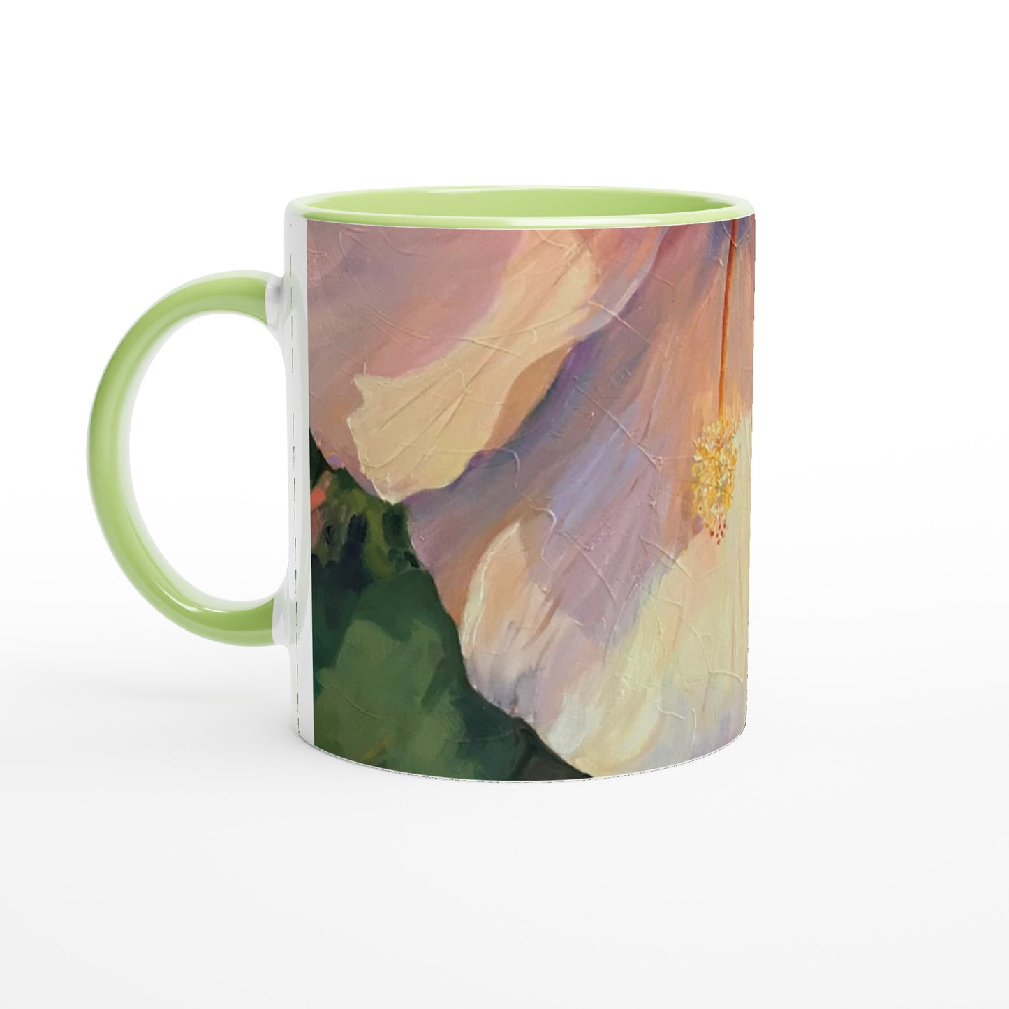 11oz White Ceramic Mug with Color Inside | Coffee Cup with 'Pink Hibiscus' Floral Artwork by American Artist Barbara Cleary