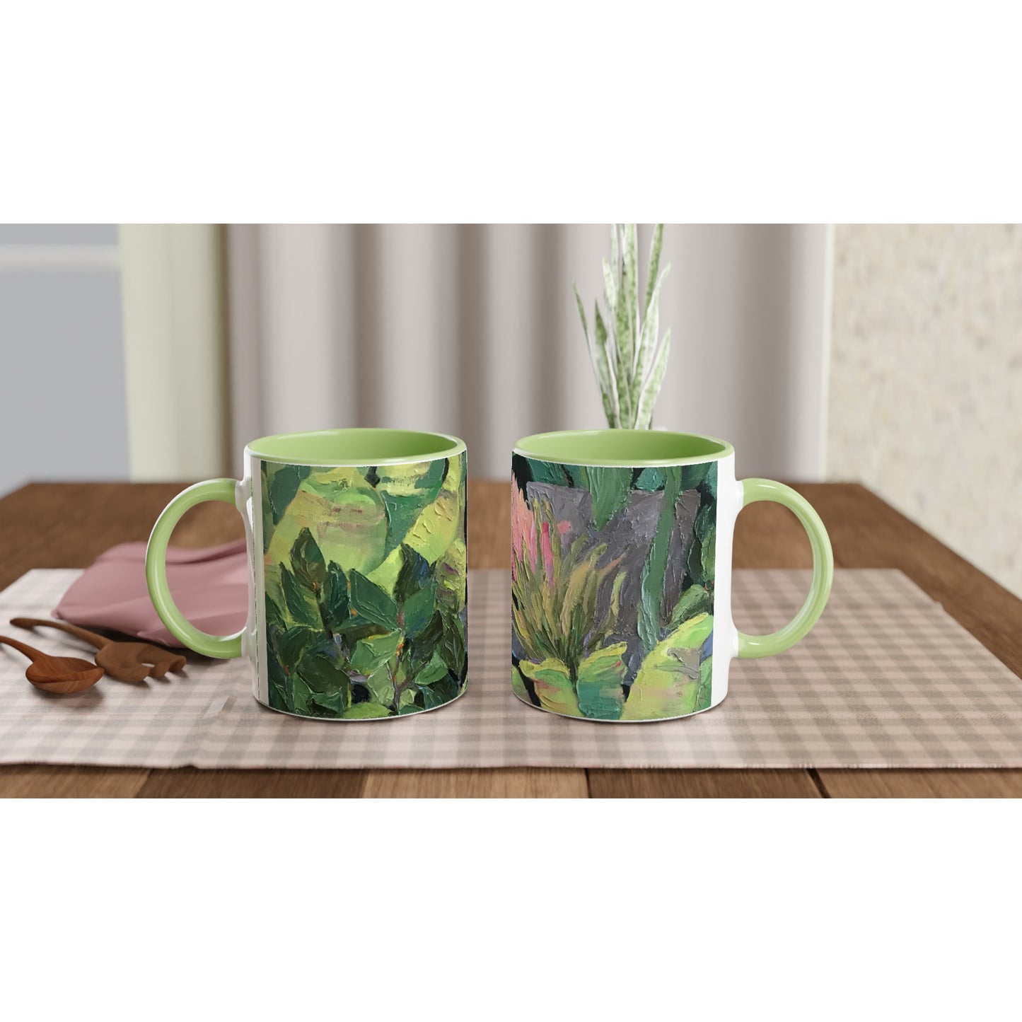 11oz White Ceramic Mug with Color Inside | Coffee Cup with 'Bromiliads' Floral Artwork by American Artist Barbara Cleary