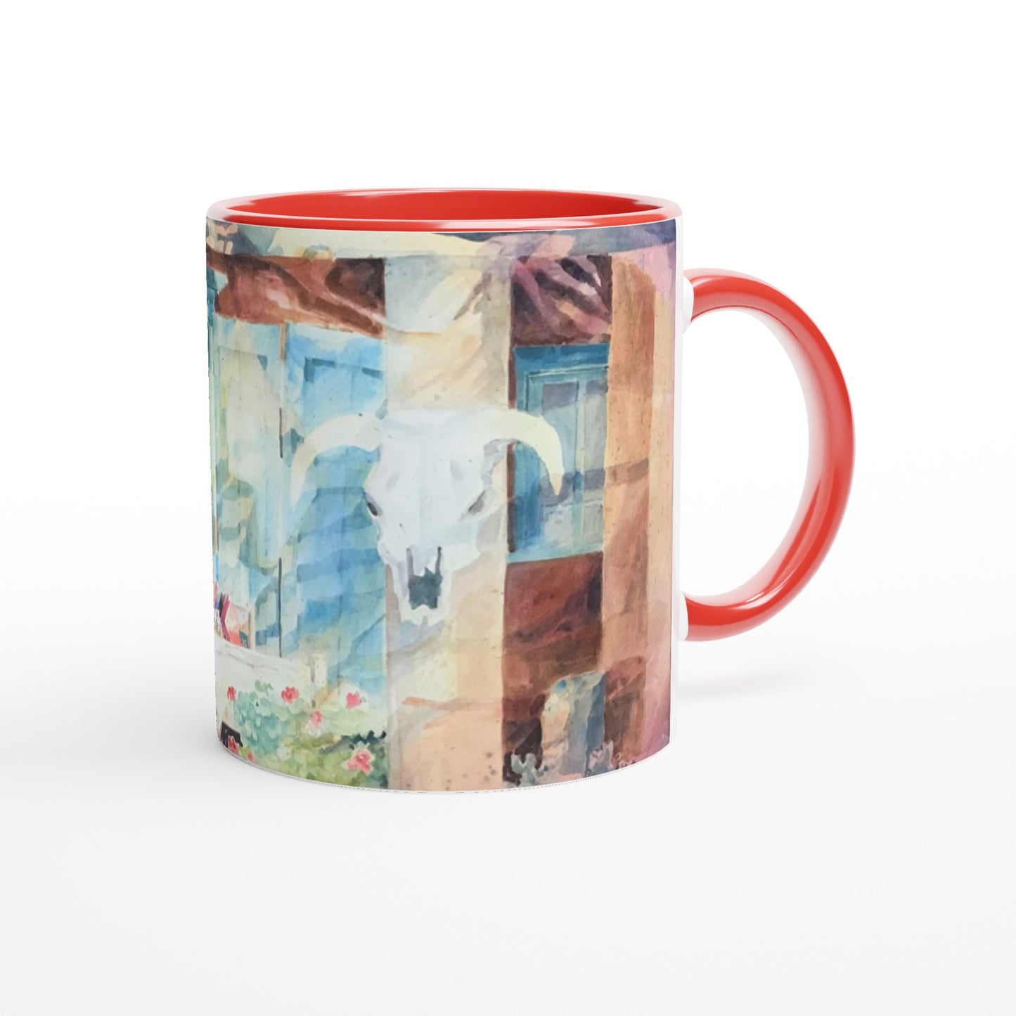 11oz White Ceramic Mug with Color Inside | Coffee Cup with 'Southwestern Home' Watercolor Artwork by American Artist Barbara Cleary