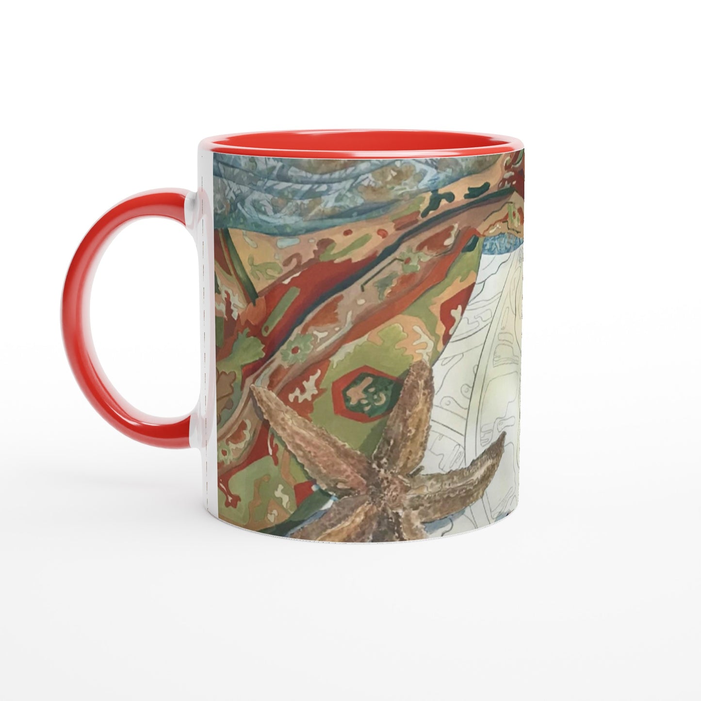 11oz White Ceramic Mug with Color Inside | Coffee Cup with 'Shells' Watercolor Artwork by American Artist Barbara Cleary