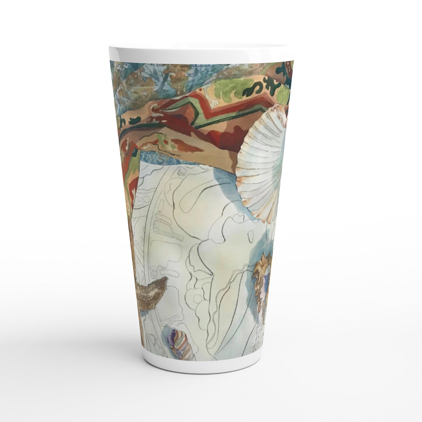 17oz White Ceramic Latte Mug | Coffee Cup with 'Shells' Coastal Watercolor Artwork by American Artist Barbara Cleary