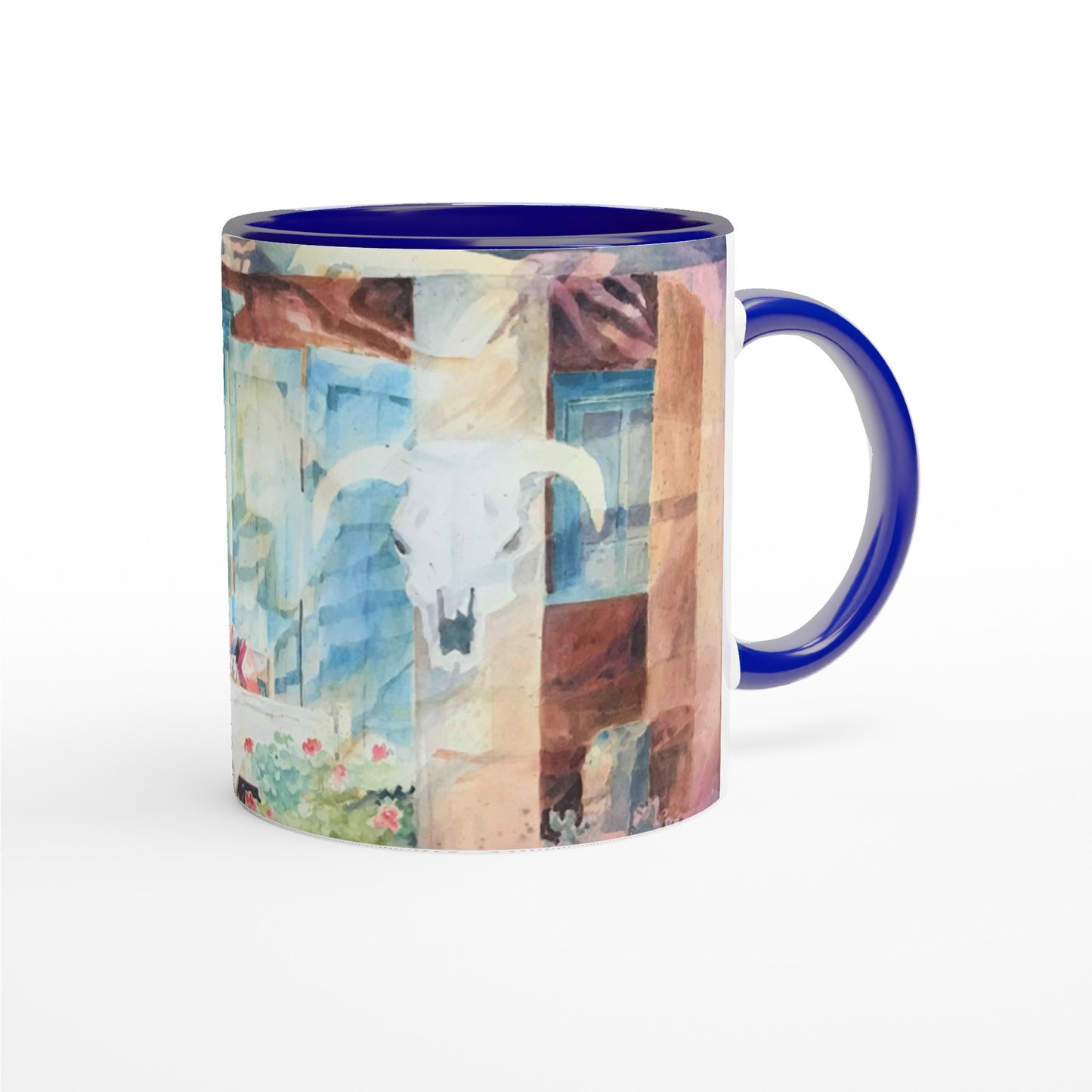 11oz White Ceramic Mug with Color Inside | Coffee Cup with 'Southwestern Home' Watercolor Artwork by American Artist Barbara Cleary
