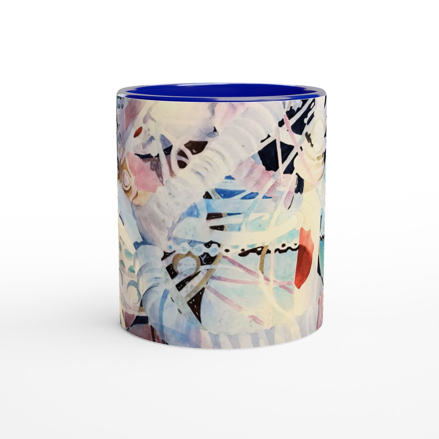 11oz White Ceramic Mug with Color Inside | Coffee Cup with 'Kaleidoscope 2' Abstract Artwork by American Artist Barbara Cleary