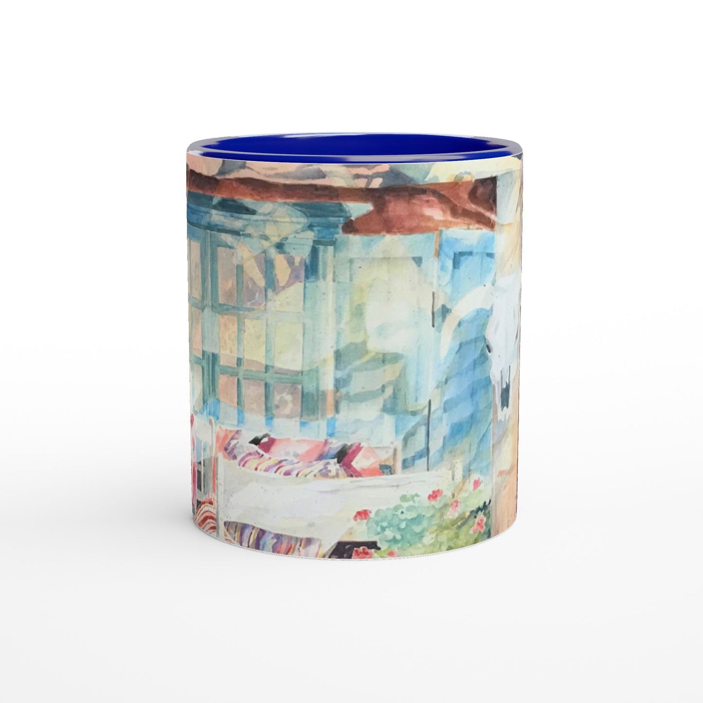 11oz White Ceramic Mug with Color Inside | Coffee Cup with 'Southwestern Home' Watercolor Artwork by American Artist Barbara Cleary