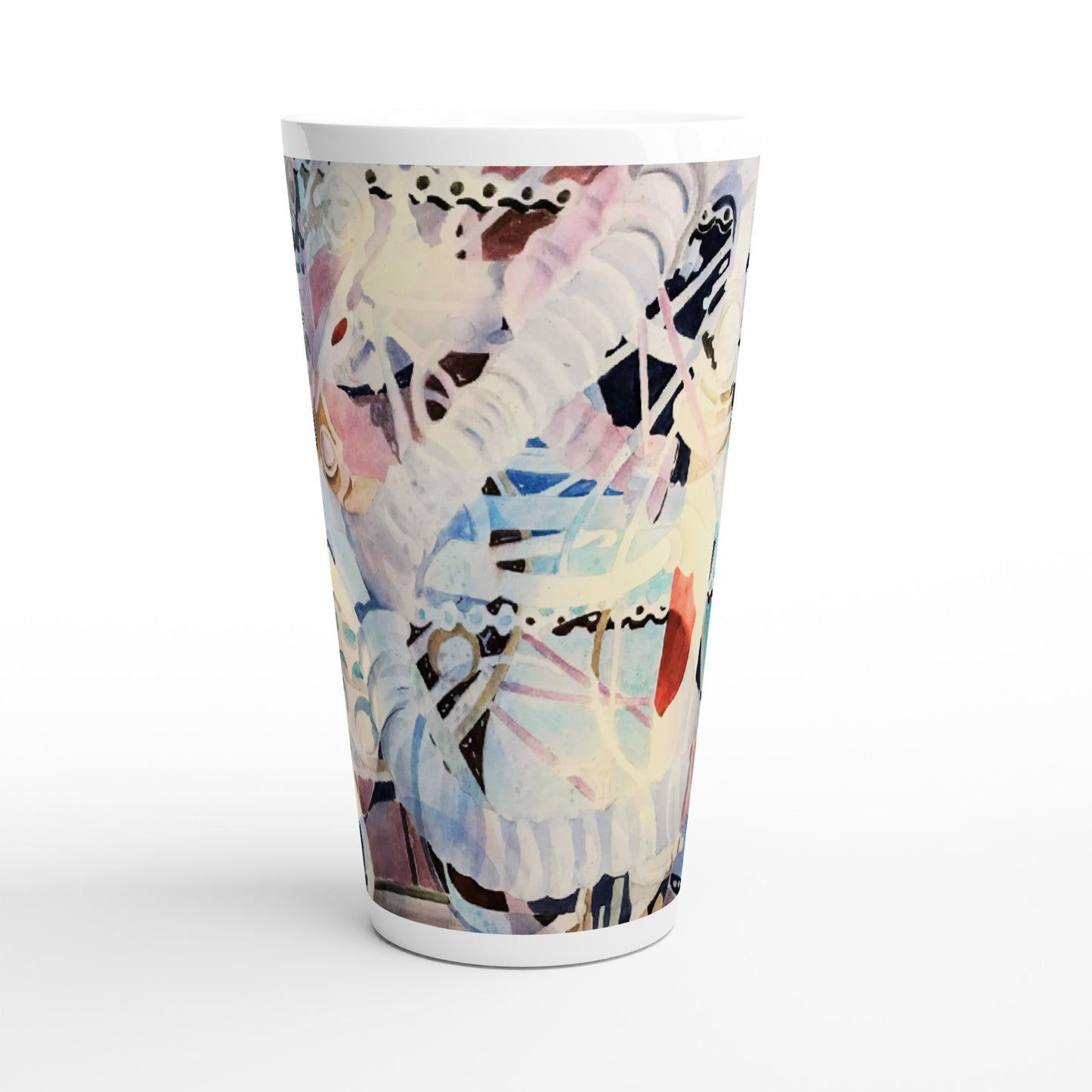 17oz White Ceramic Latte Mug | Coffee Cup with 'Kaleidoscope' Abstract Artwork by American Artist Barbara Cleary