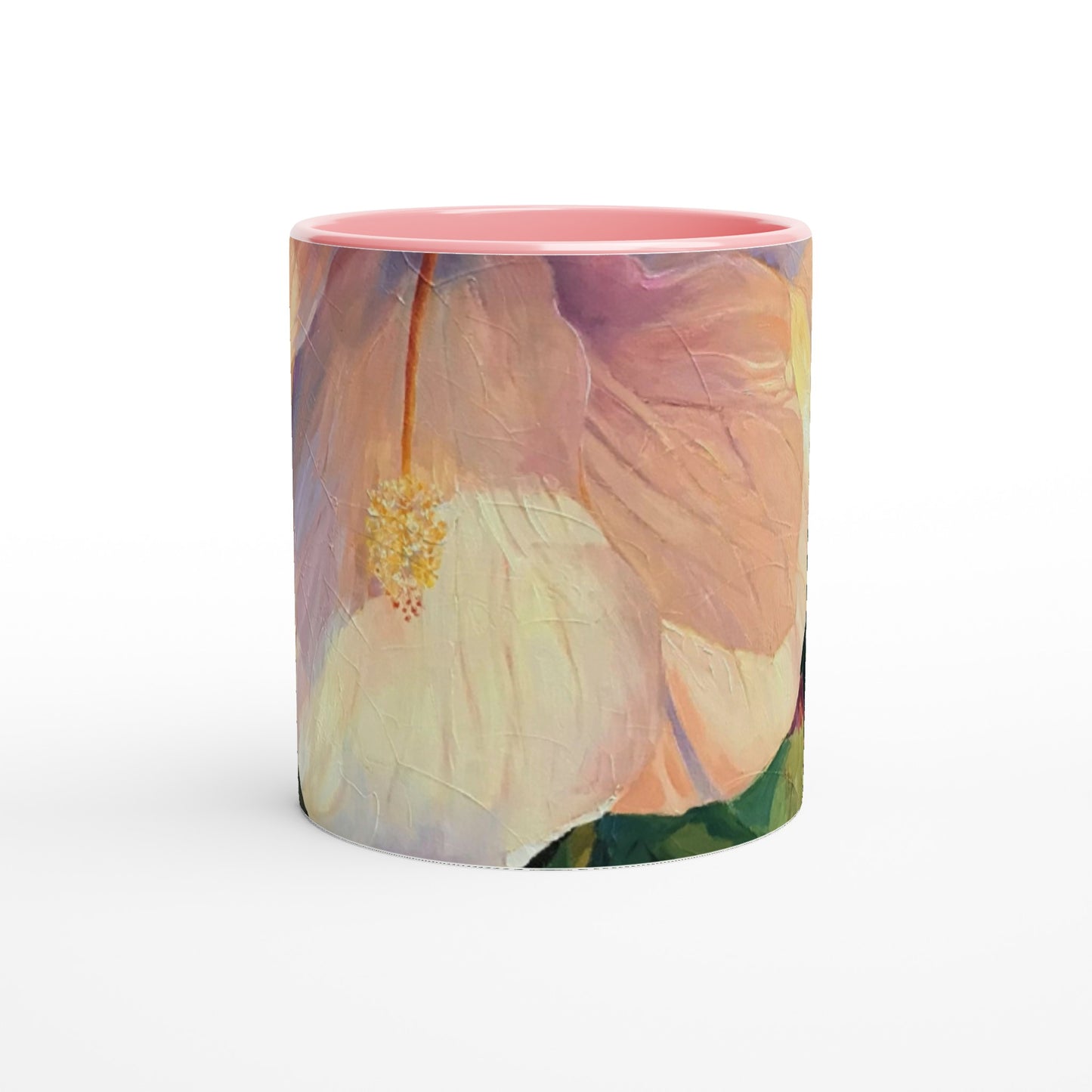 11oz White Ceramic Mug with Color Inside | Coffee Cup with 'Pink Hibiscus' Floral Artwork by American Artist Barbara Cleary