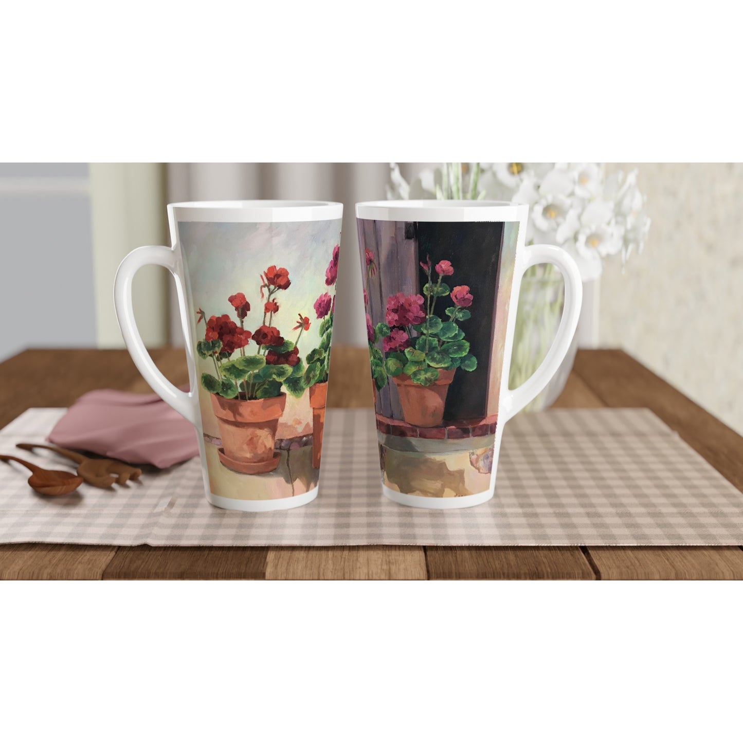 17oz White Ceramic Latte Mug | Coffee Cup with 'Potted Red Geraniums Series 1' Floral Artwork by American Artist Barbara Cleary