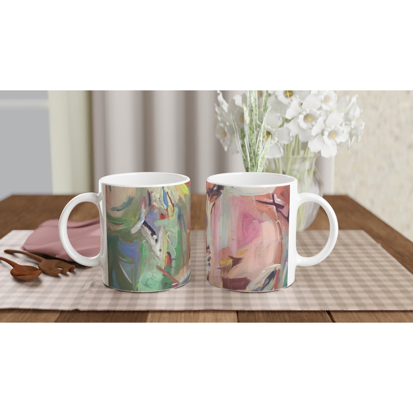 11oz White Ceramic Mug | Coffee Cup with 'All Seasons' Abstract Artwork by American Artist Barbara Cleary