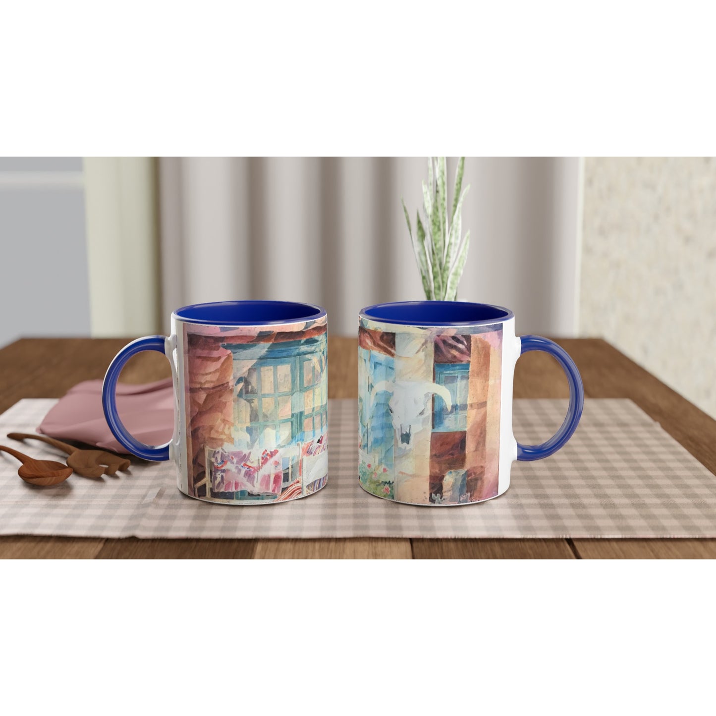11oz White Ceramic Mug with Color Inside | Coffee Cup with 'Southwestern Home' Watercolor Artwork by American Artist Barbara Cleary