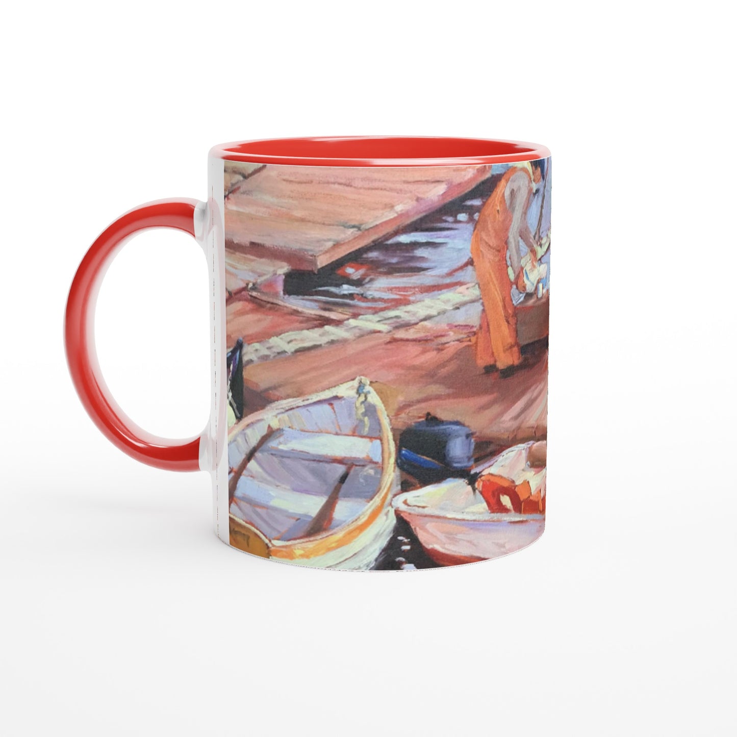 11oz White Ceramic Mug with Color Inside | Coffee Cup with 'Fishing Dock' Coastal Artwork by American Artist Barbara Cleary