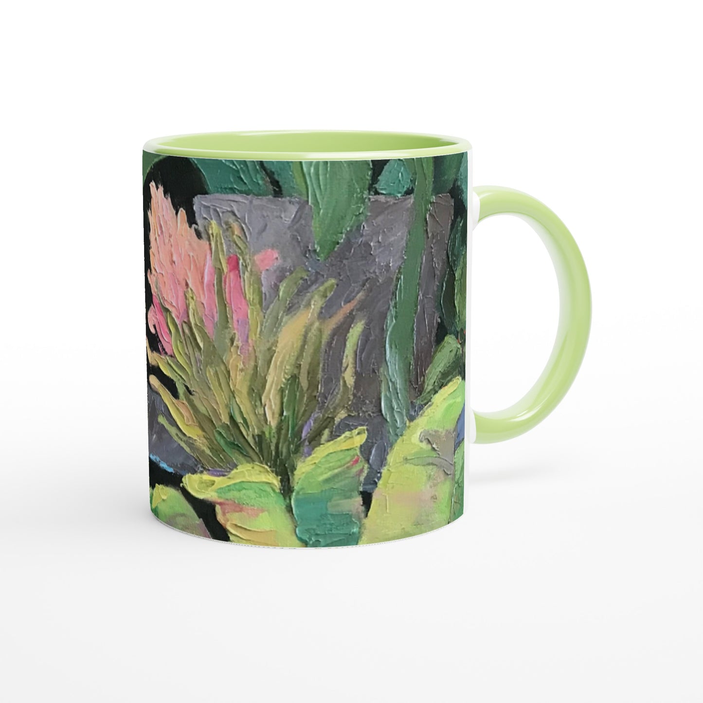 11oz White Ceramic Mug with Color Inside | Coffee Cup with 'Bromiliads' Floral Artwork by American Artist Barbara Cleary
