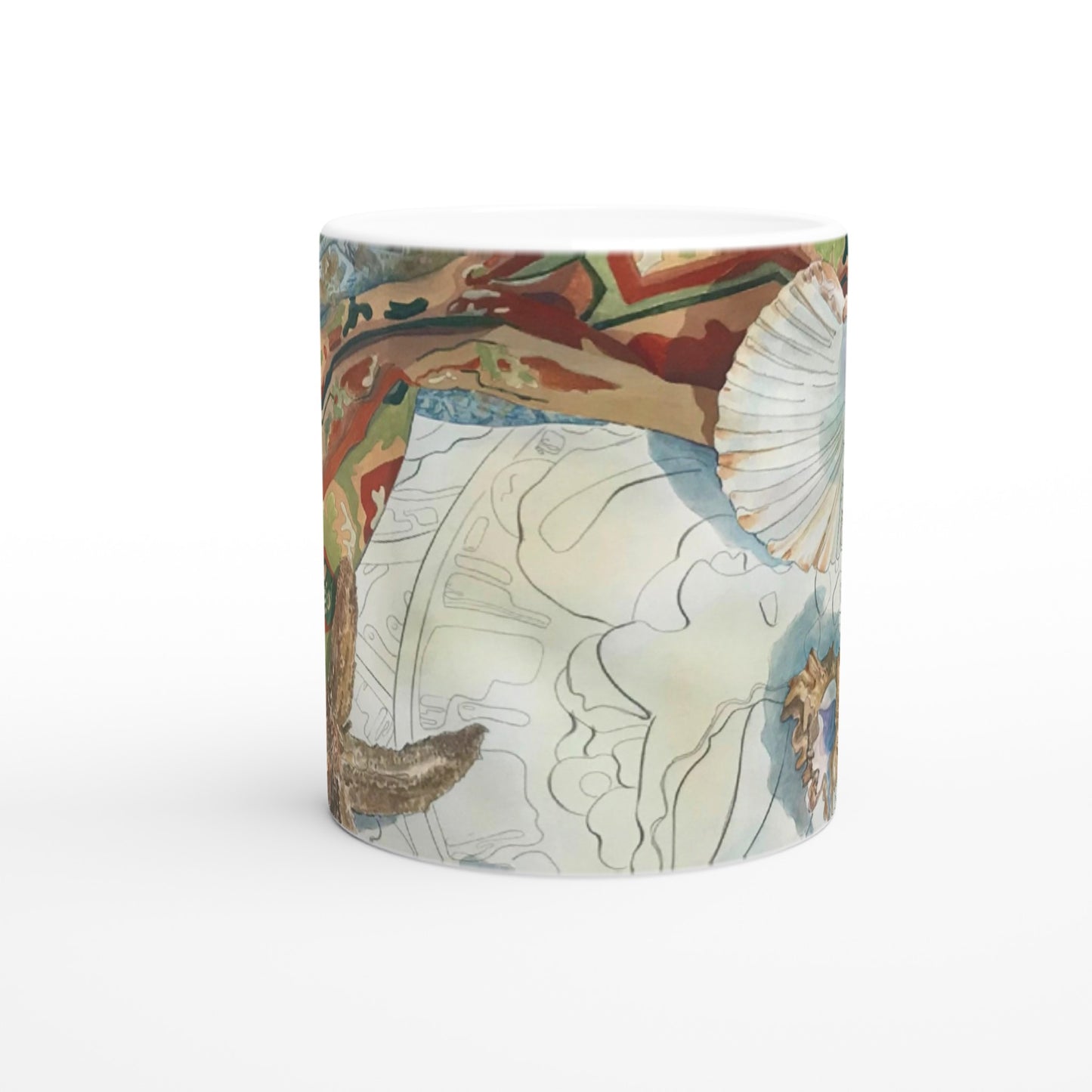 11oz White Ceramic Mug | Coffee Cup with 'Shells' Watercolor Artwork by American Artist Barbara Cleary