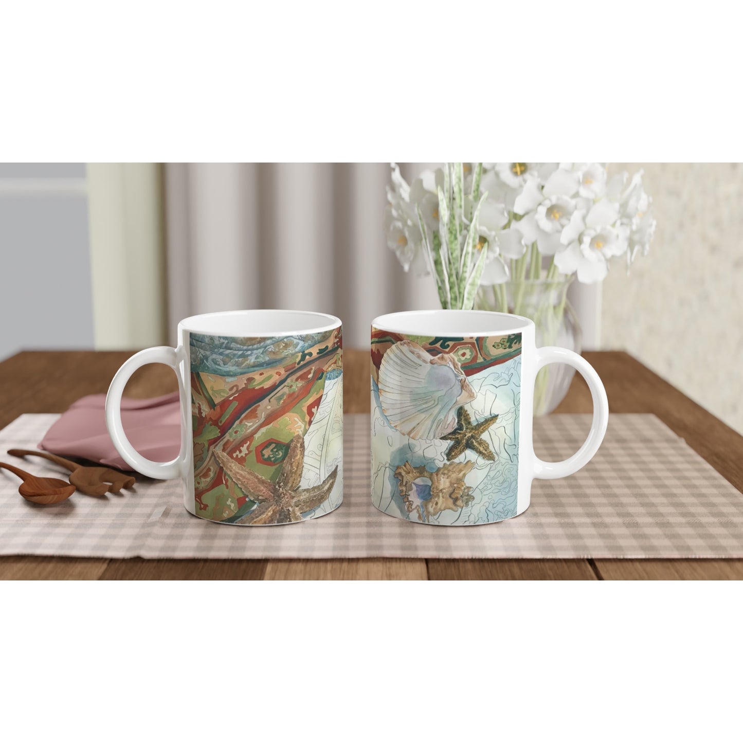11oz White Ceramic Mug | Coffee Cup with 'Shells' Watercolor Artwork by American Artist Barbara Cleary