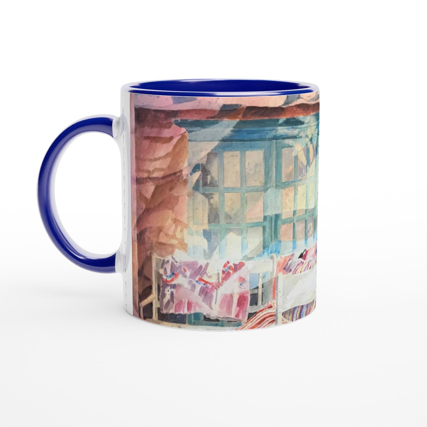 11oz White Ceramic Mug with Color Inside | Coffee Cup with 'Southwestern Home' Watercolor Artwork by American Artist Barbara Cleary
