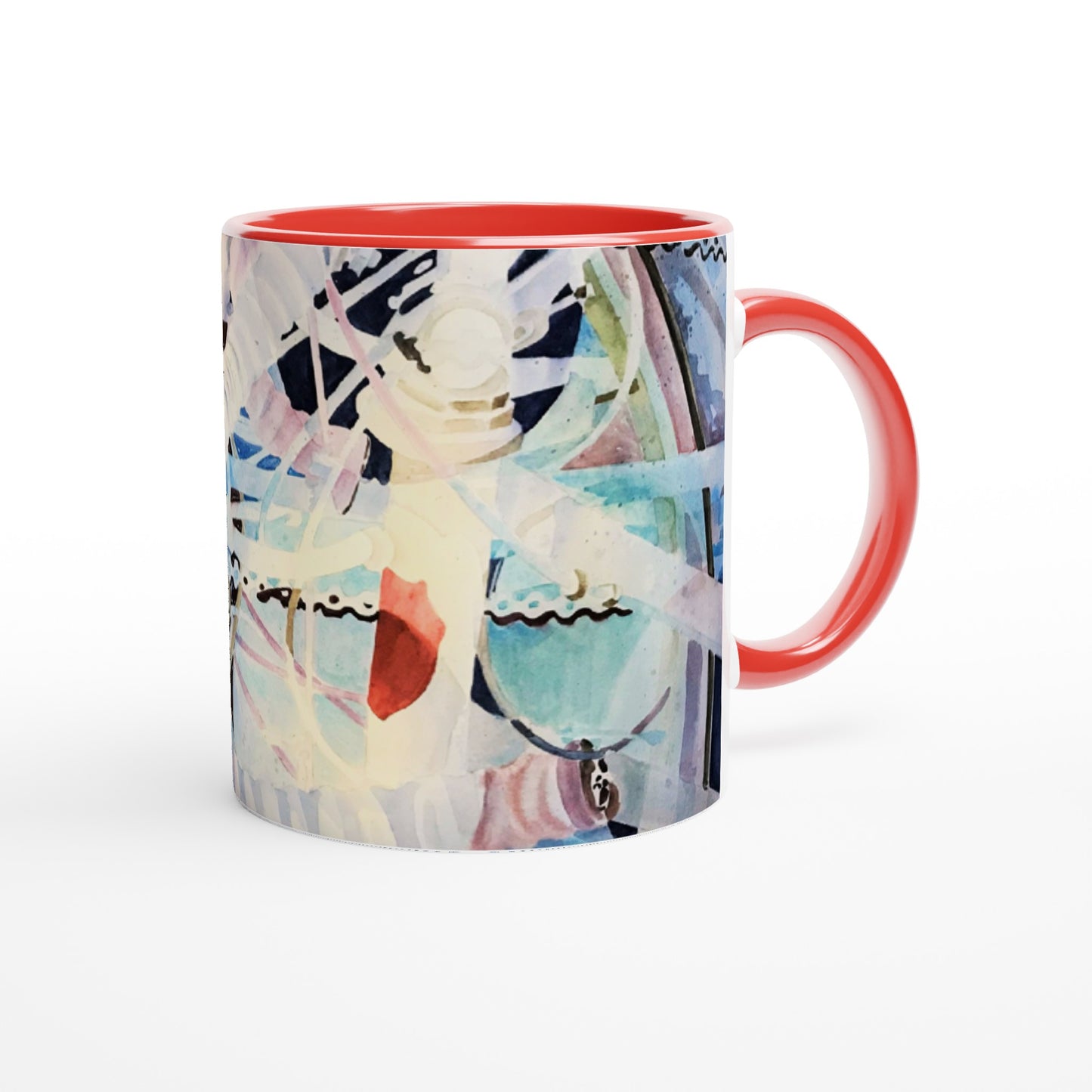 11oz White Ceramic Mug with Color Inside | Coffee Cup with 'Kaleidoscope 2' Abstract Artwork by American Artist Barbara Cleary
