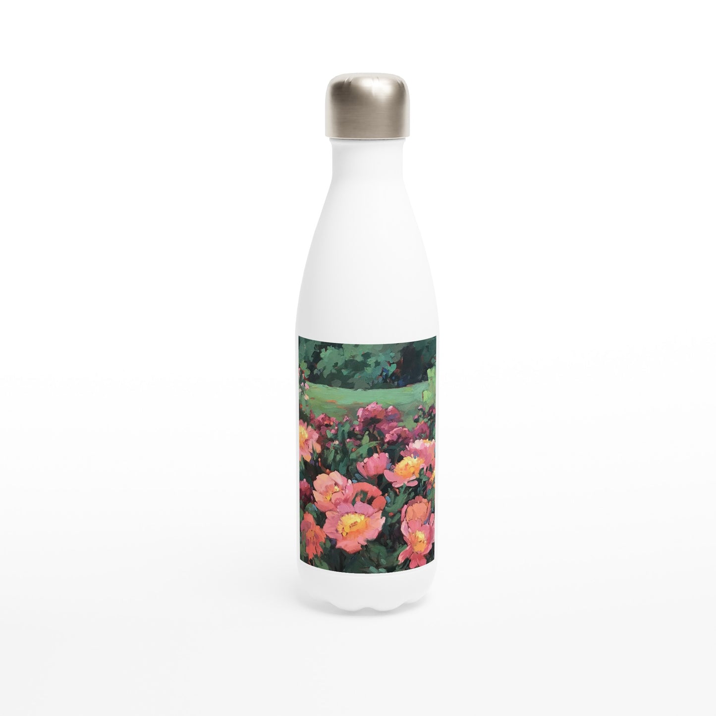 17oz White Stainless Steel Bottle with 'Pink Princess' Floral Artwork by American Artist Barbara Cleary