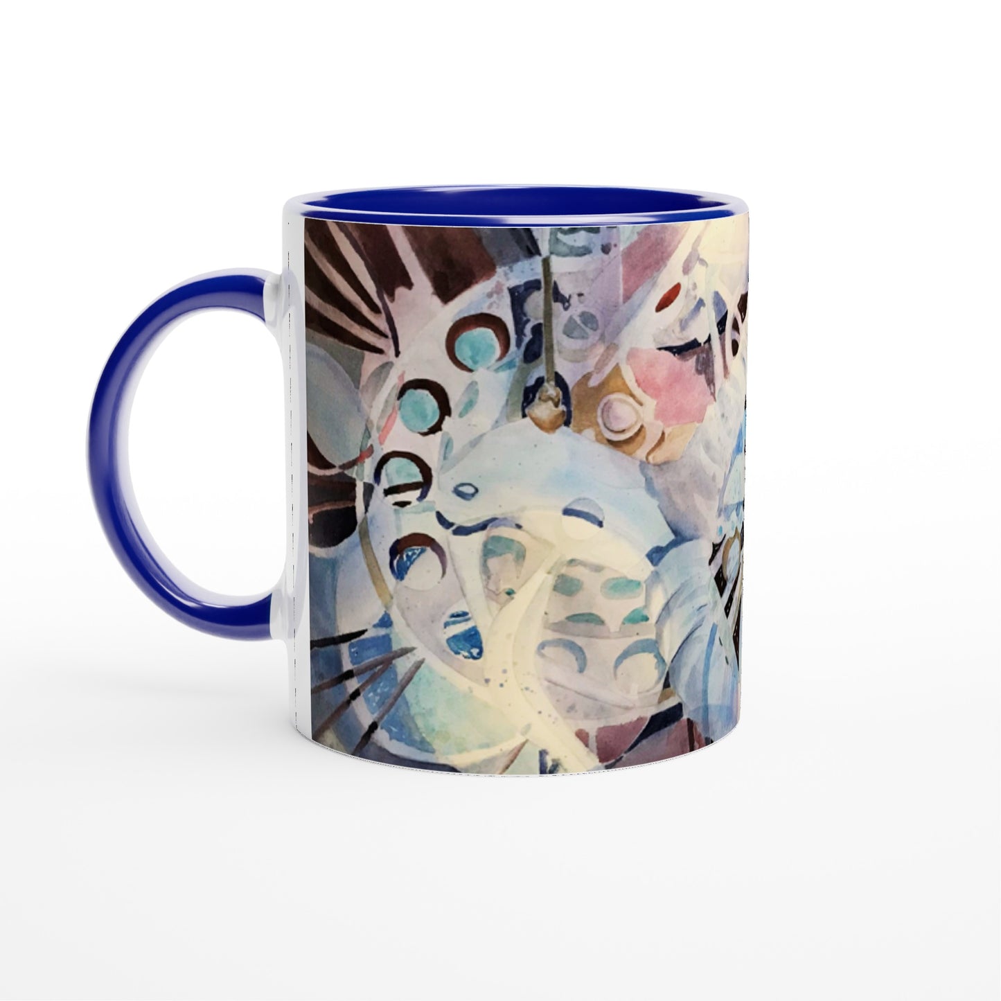 11oz White Ceramic Mug with Color Inside | Coffee Cup with 'Kaleidoscope 2' Abstract Artwork by American Artist Barbara Cleary