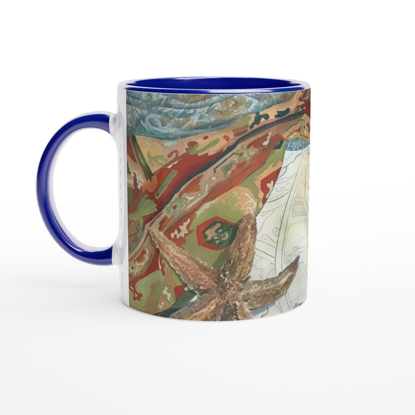 11oz White Ceramic Mug with Color Inside | Coffee Cup with 'Shells' Watercolor Artwork by American Artist Barbara Cleary