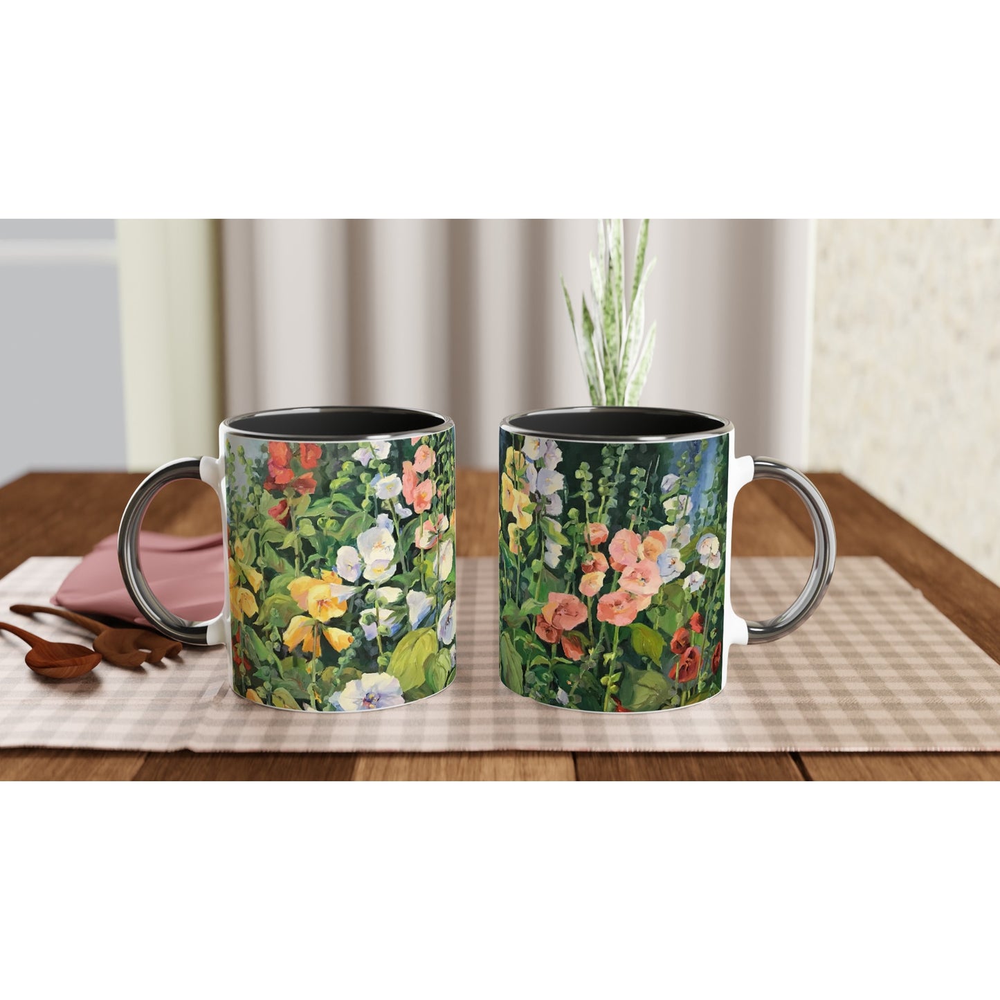 11oz White Ceramic Mug with Color Inside | Coffee Cup with 'Hollyhocks' Floral Artwork by American Artist Barbara Cleary