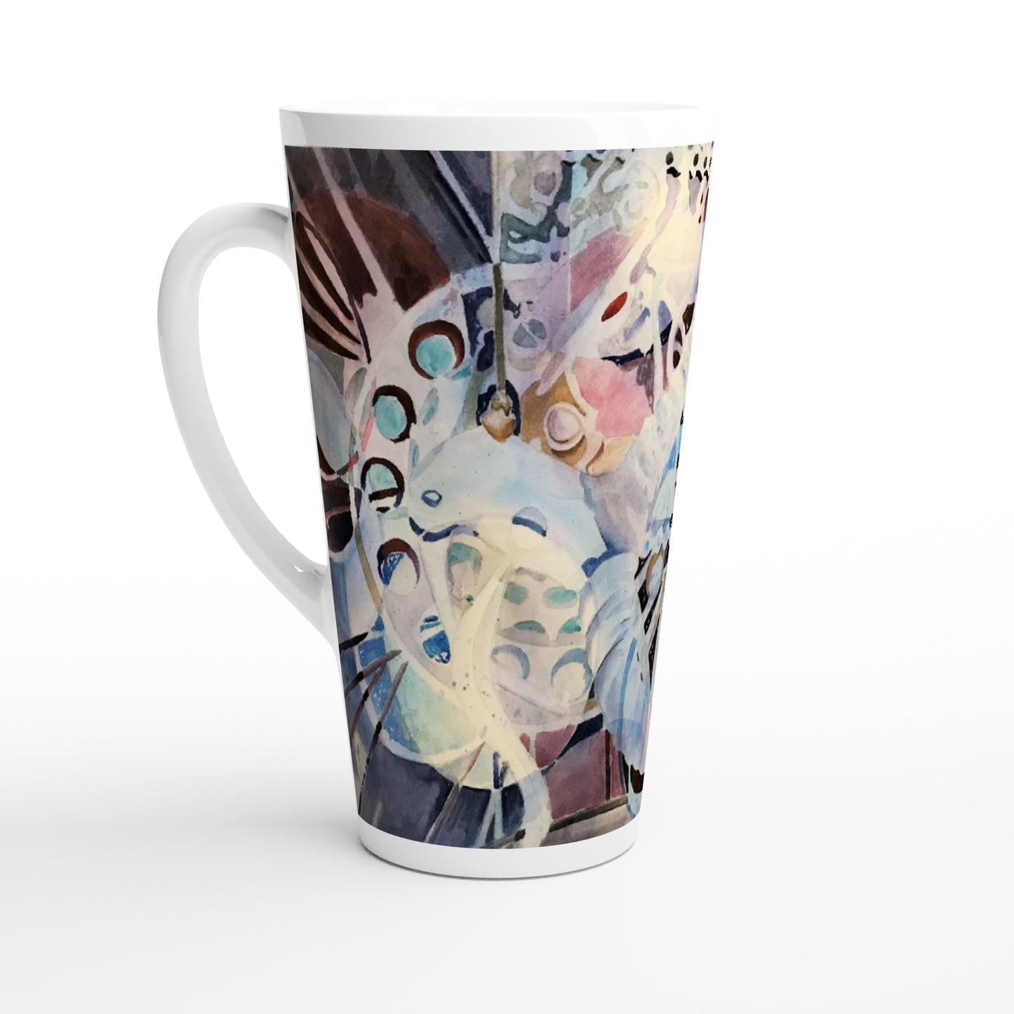17oz White Ceramic Latte Mug | Coffee Cup with 'Kaleidoscope' Abstract Artwork by American Artist Barbara Cleary