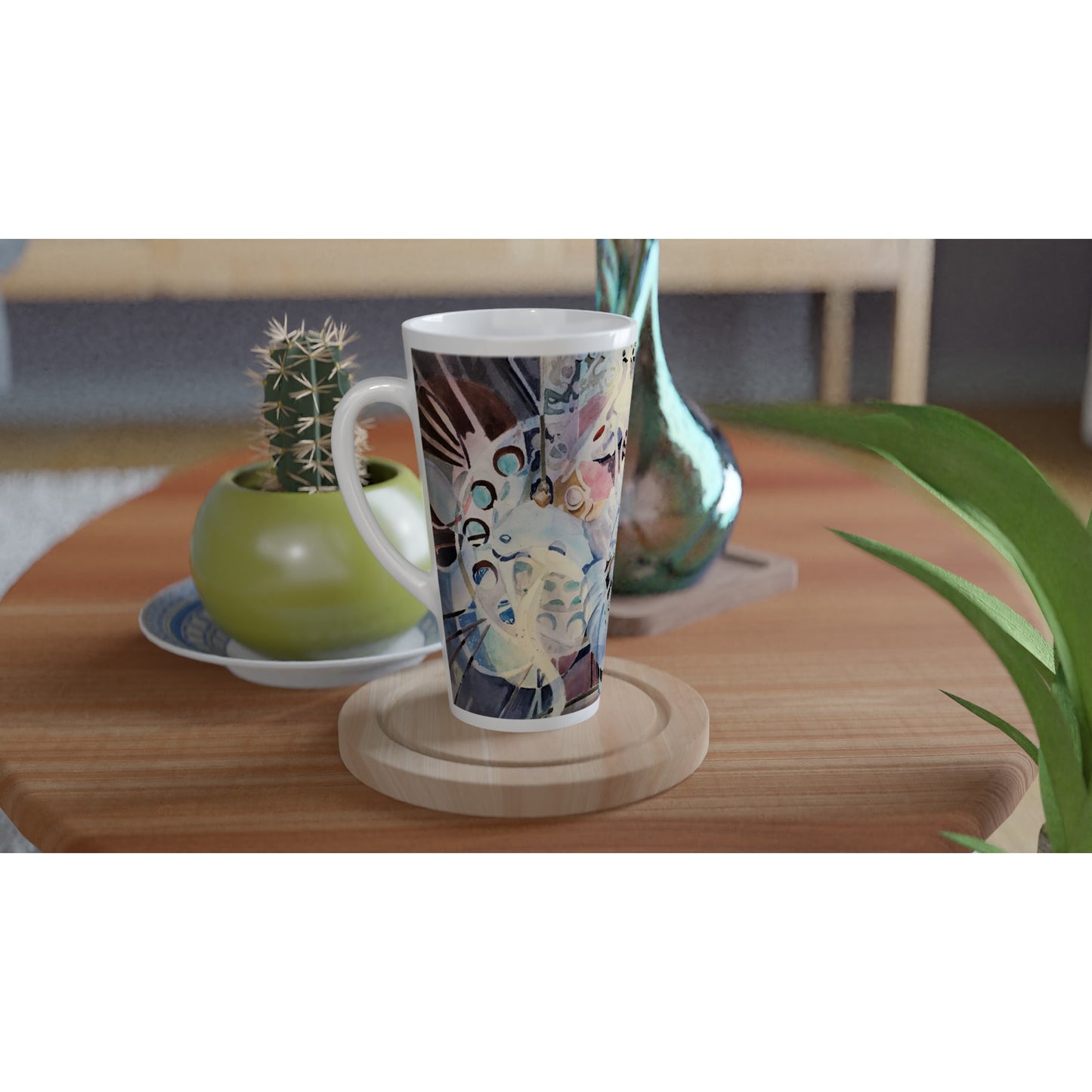 17oz White Ceramic Latte Mug | Coffee Cup with 'Kaleidoscope' Abstract Artwork by American Artist Barbara Cleary