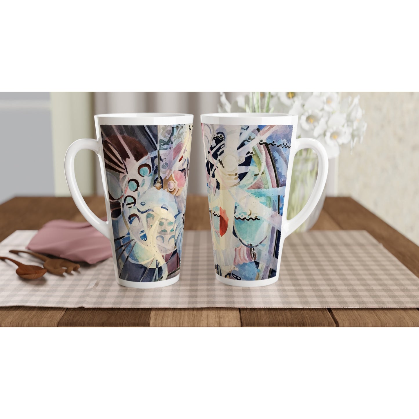 17oz White Ceramic Latte Mug | Coffee Cup with 'Kaleidoscope' Abstract Artwork by American Artist Barbara Cleary