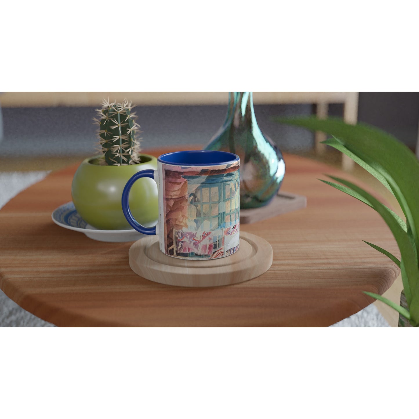 11oz White Ceramic Mug with Color Inside | Coffee Cup with 'Southwestern Home' Watercolor Artwork by American Artist Barbara Cleary
