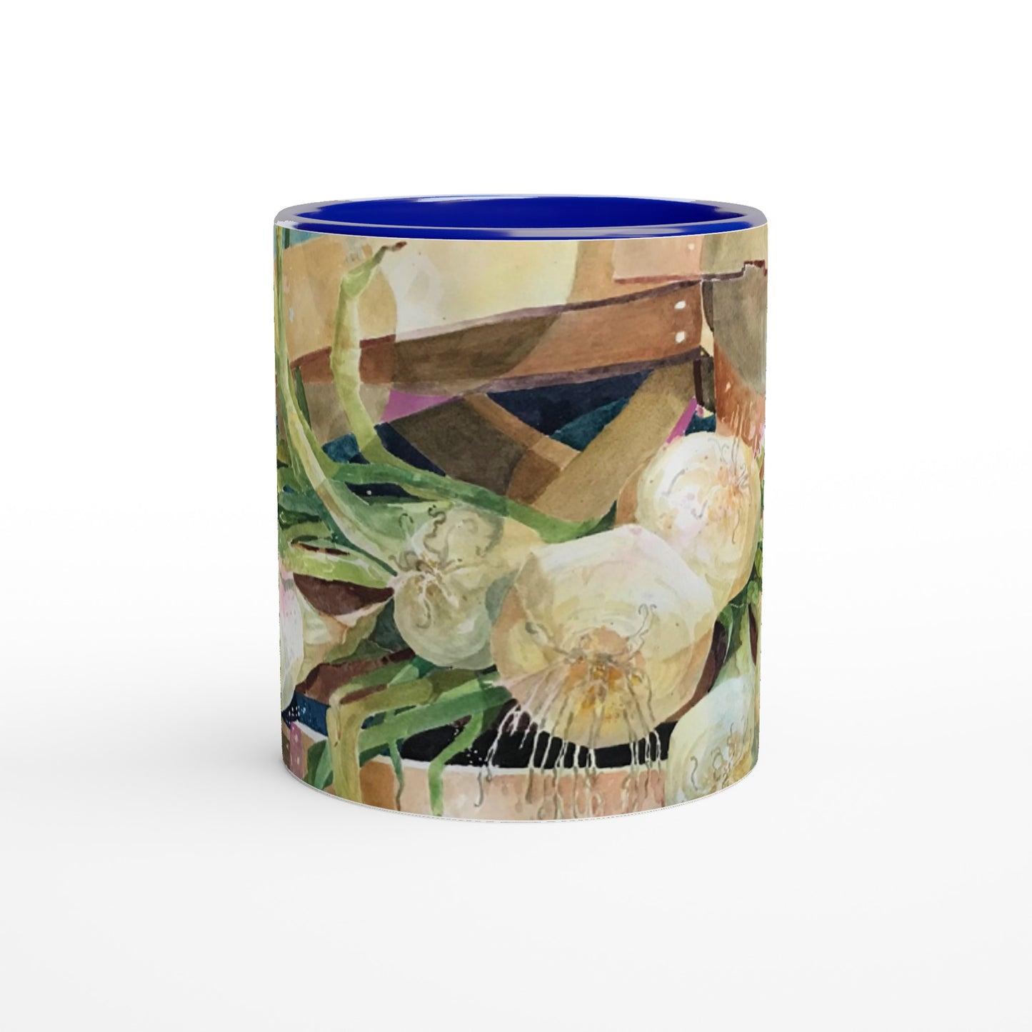 11oz White Ceramic Mug with Color Inside | Coffee Cup with 'Onions' Watercolor Artwork by American Artist Barbara Cleary