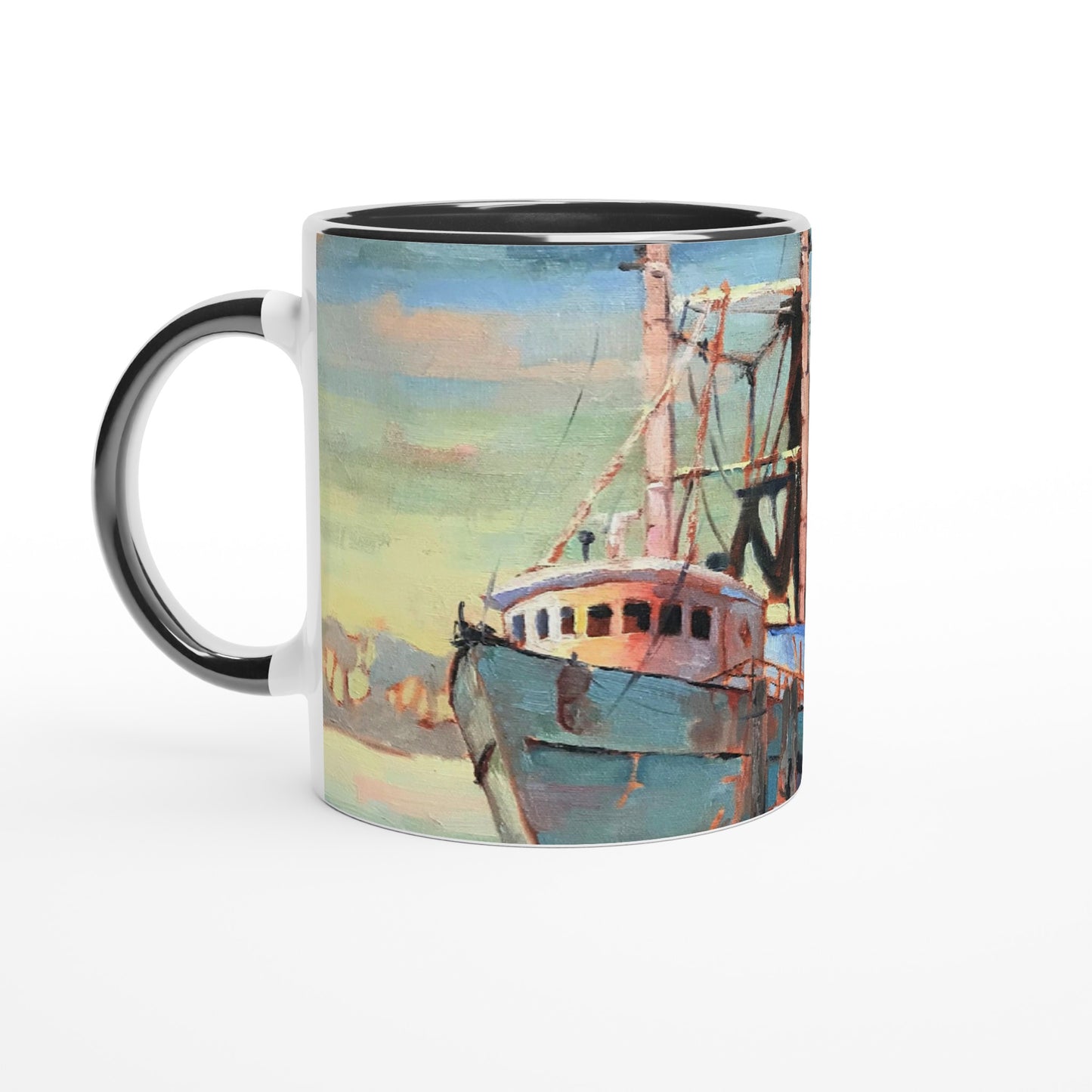 11oz White Ceramic Mug with Color Inside | Coffee Cup with 'Biloxi Fishing Fleet' Coastal Artwork by American Artist Barbara Cleary