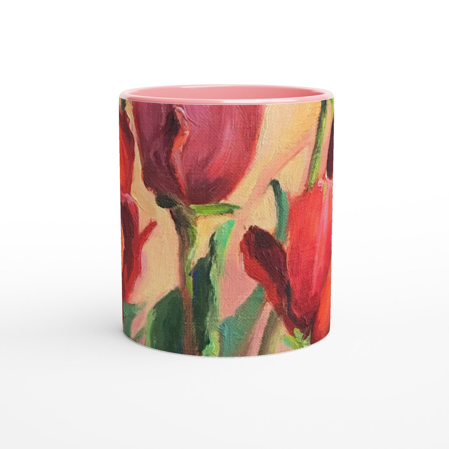 11oz White Ceramic Mug with Color Inside | Coffee Cup with 'Tulips' Floral Artwork by American Artist Barbara Cleary
