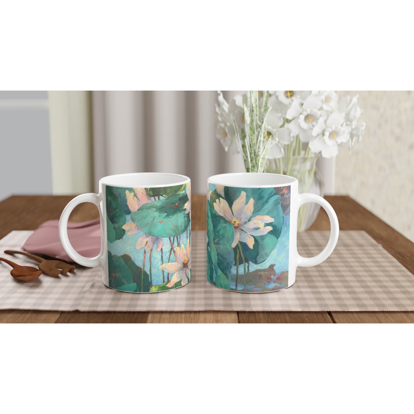 "Lily Pads" Floral White 11oz Ceramic Mug by Barbara Cleary Designs