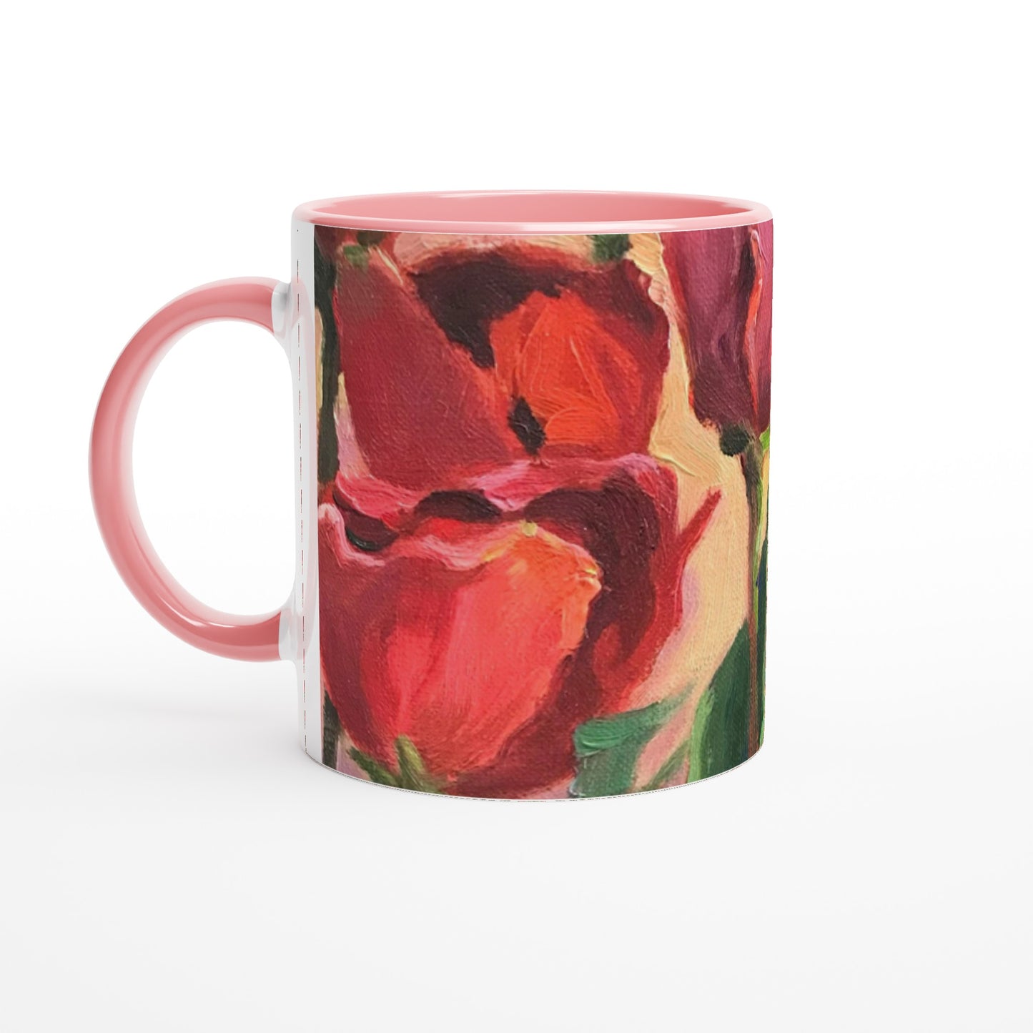 11oz White Ceramic Mug with Color Inside | Coffee Cup with 'Tulips' Floral Artwork by American Artist Barbara Cleary