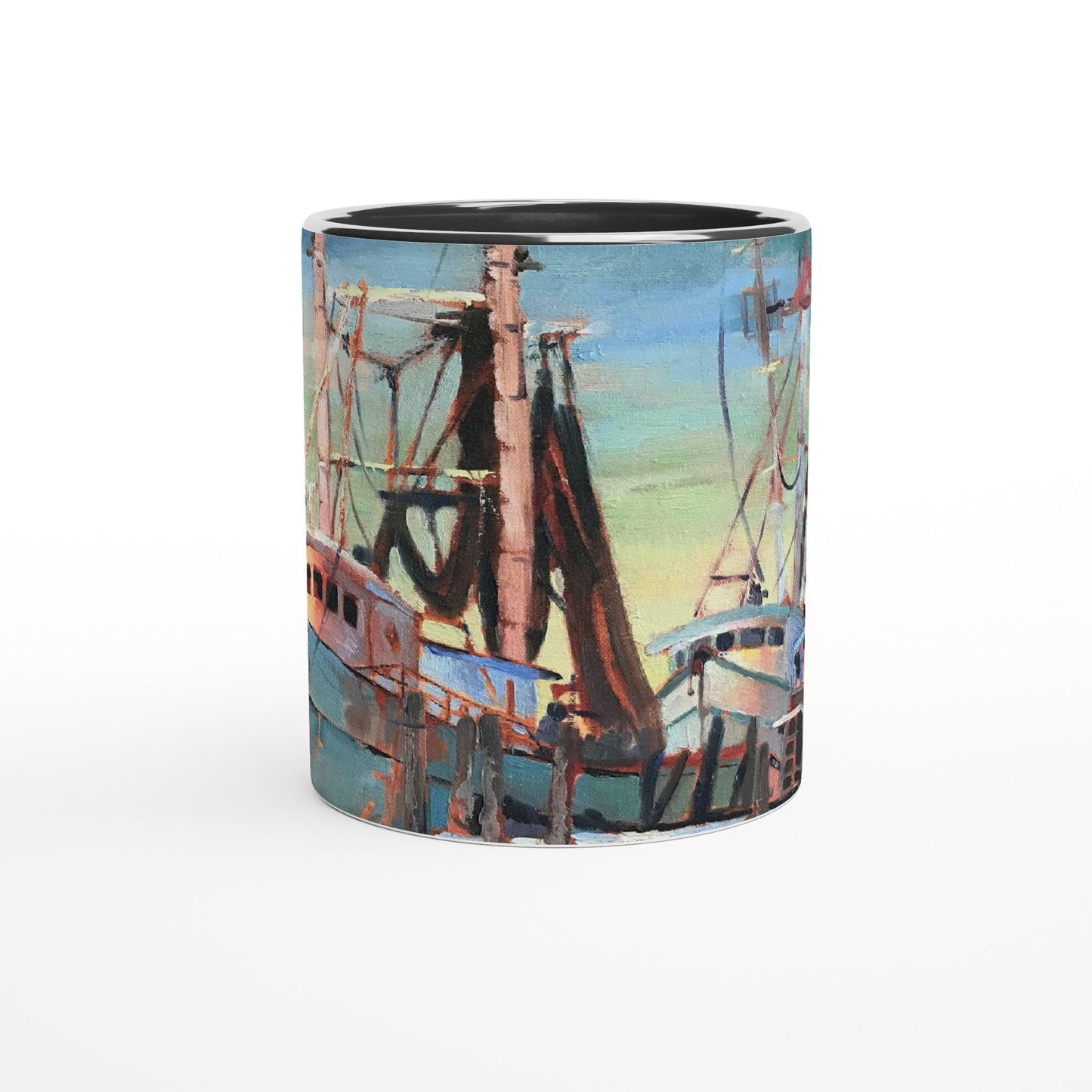 11oz White Ceramic Mug with Color Inside | Coffee Cup with 'Biloxi Fishing Fleet' Coastal Artwork by American Artist Barbara Cleary
