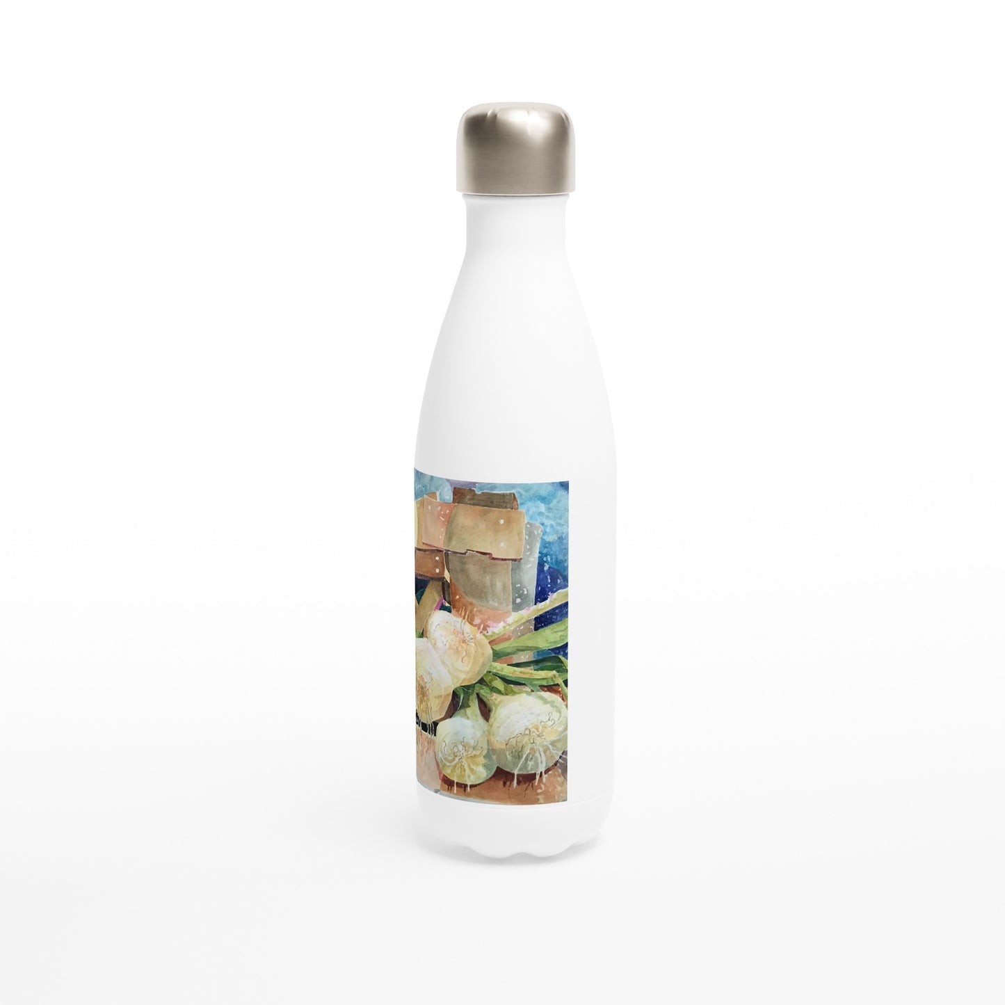 "Onions" Watercolor White 17oz Stainless Steel Water Bottle by Barbara Cleary Designs