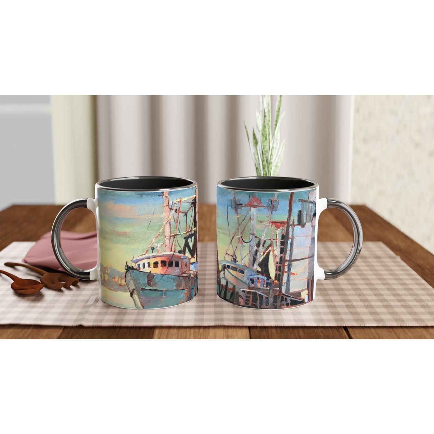 11oz White Ceramic Mug with Color Inside | Coffee Cup with 'Biloxi Fishing Fleet' Coastal Artwork by American Artist Barbara Cleary