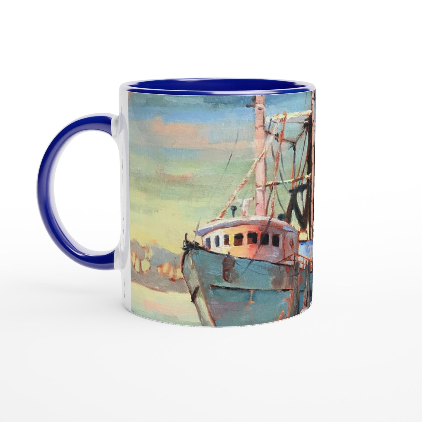 11oz White Ceramic Mug with Color Inside | Coffee Cup with 'Biloxi Fishing Fleet' Coastal Artwork by American Artist Barbara Cleary