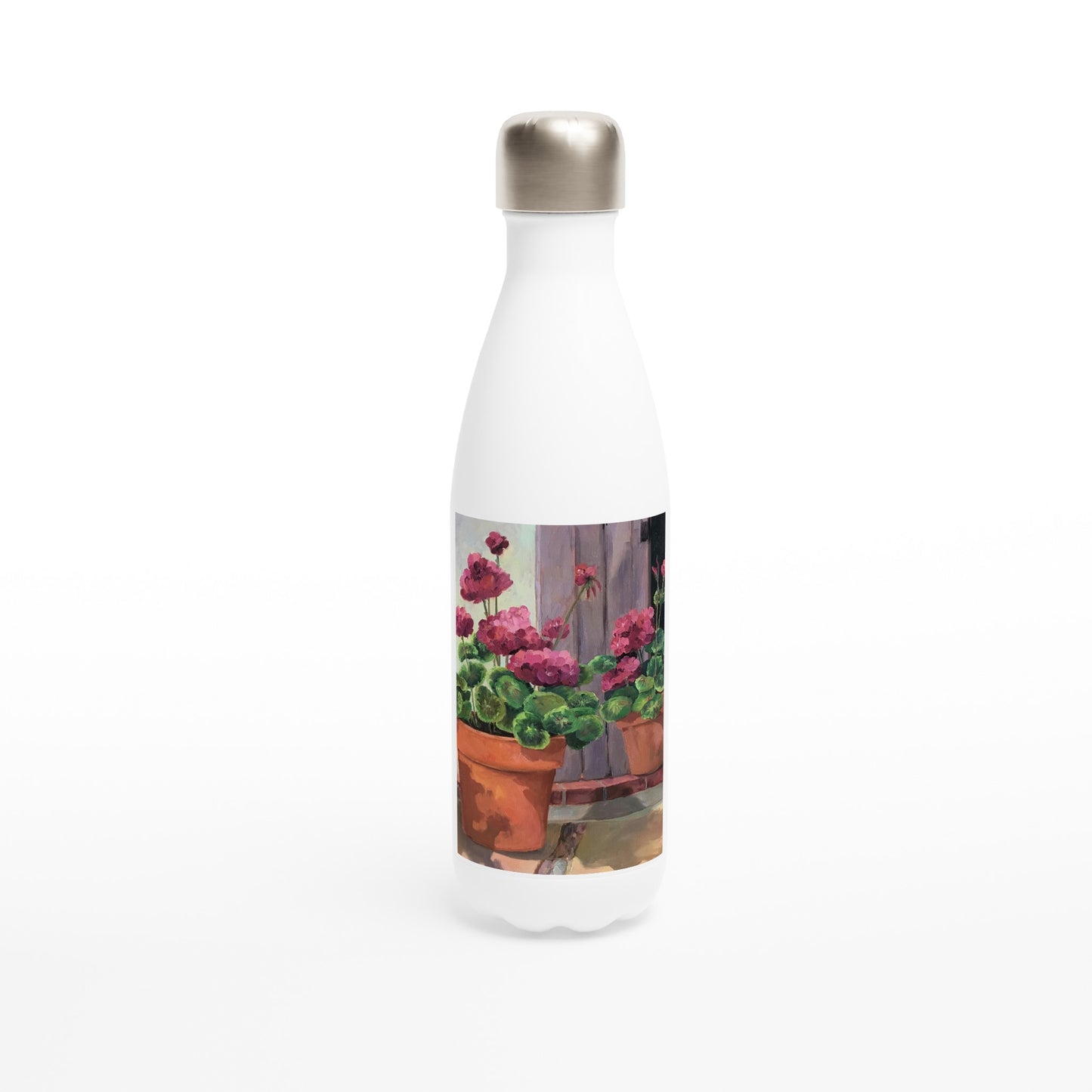 "Geraniums 2" White 17oz Stainless Steel Water Bottle by Barbara Cleary Designs